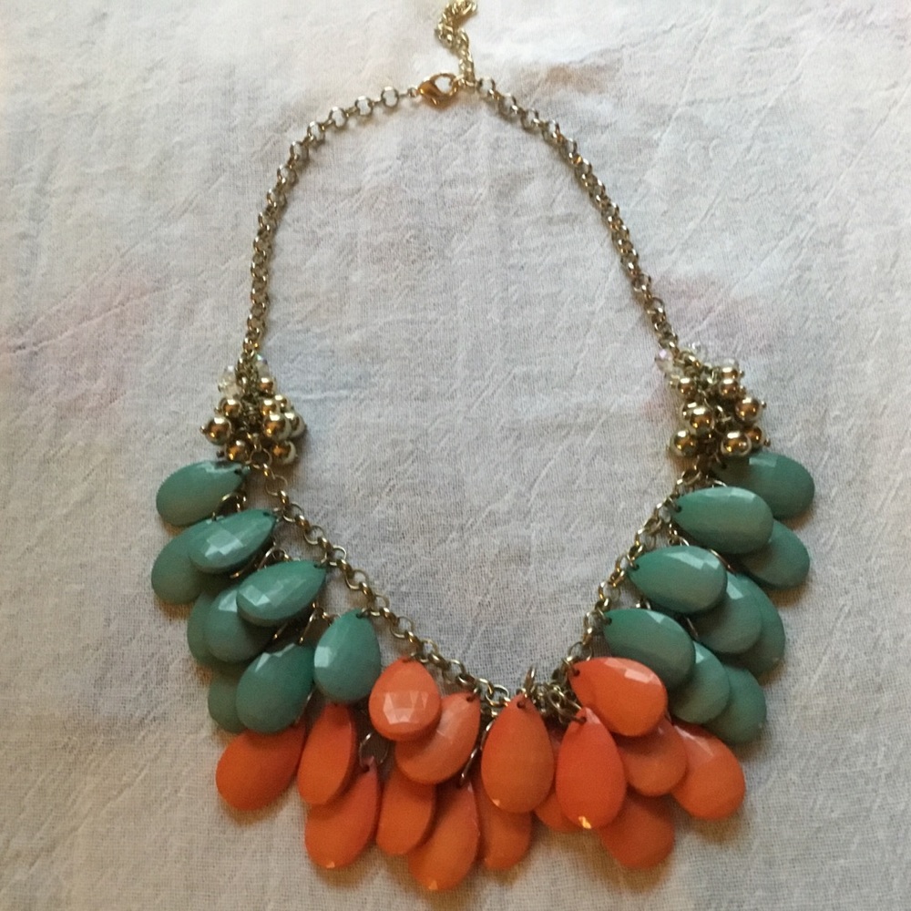 Necklace/ Gold with Turquoise and Tangerine Stones